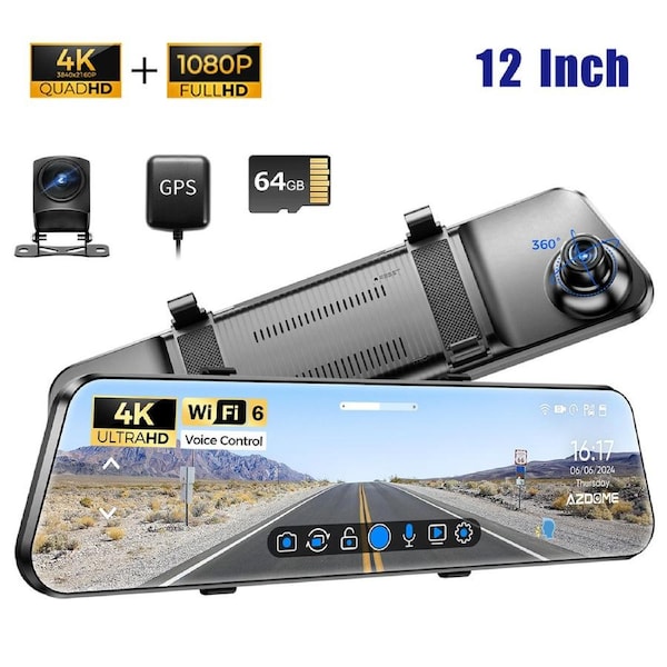 12"4K+1080P 2 Lens Mirror Dashcam WiFi6 GPS Streaming Media WDR 64GB Card