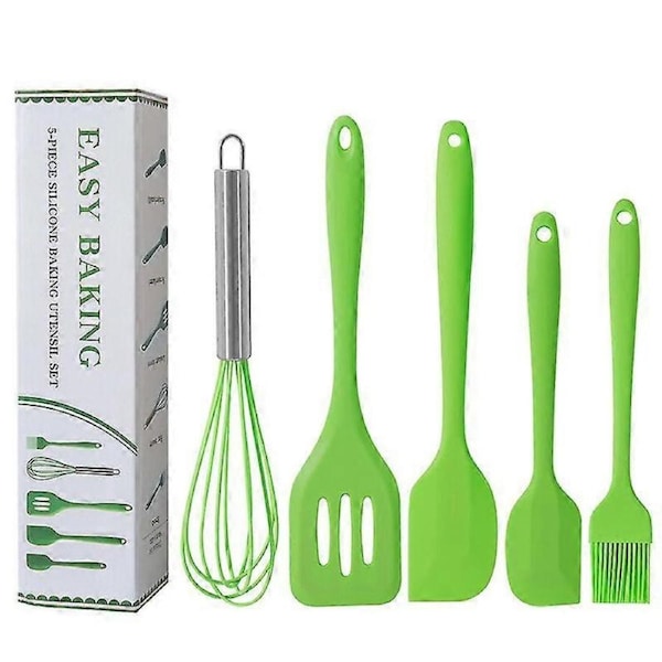 JOYBUY Kitchen Utensils Set, Green 5 Pieces Silicone Spatulas Set - Basting Brushes - Pastry Oil Brush - Egg Beater - Slotted Turner - Silicone Cooking Spatu