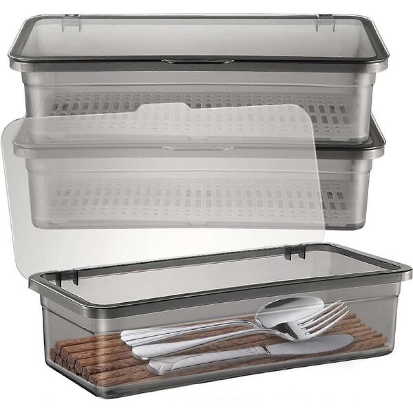 JOYBUY 3PCS Flatware Tray with Lid and Drainer, Flatware Plastic Tray with Lid