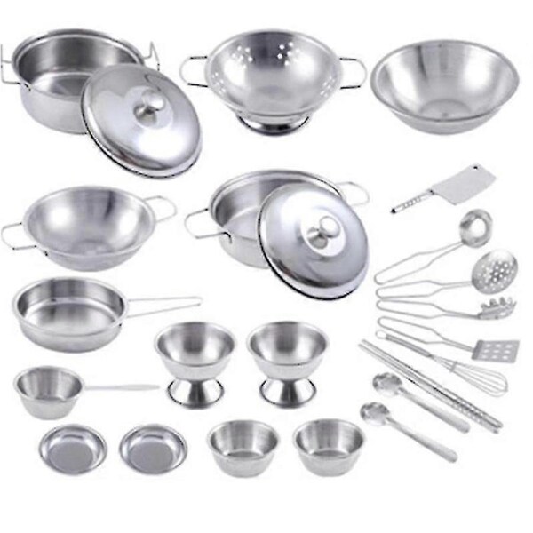 JOYBUY 16pcs Set Stainless Steel Play Cooking Toy Kids Kitchenware Roleplay Toddler Playhouse Game For