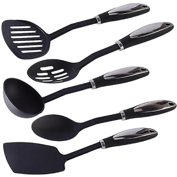 JOYBUY 1set 5pcs Nylon Kitchenware Non-stick Cooking Tool Stainless Steel Handle Spatula Ladle Shovel Spoon Soup Kitchen Set (black)