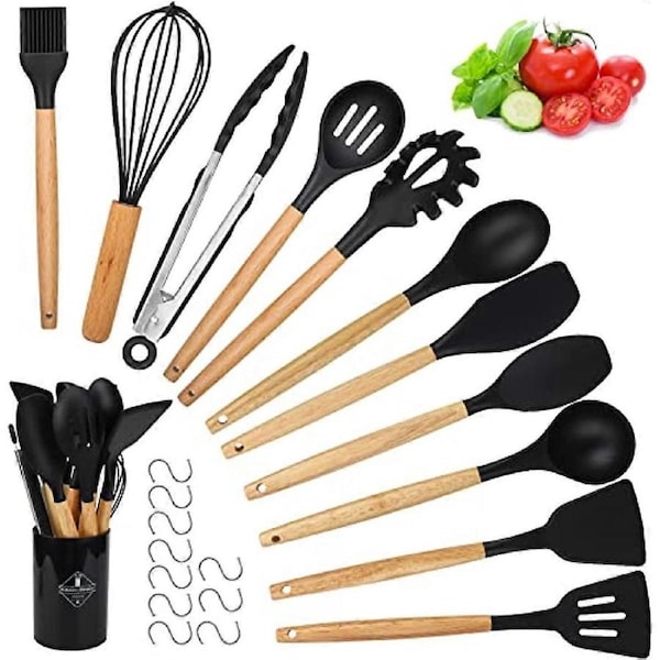 JOYBUY Kitchen Utensil Set 22 Pieces Silicone Cooking Utensils Set Natural Wooden Handles Cooking Tool BPA Free Non Toxic Non Stick Heat Resistant Silicone