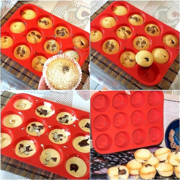 JOYBUY pan, silicone muffin mold with 12 cavities, red, non-stick, dishwasher safe
