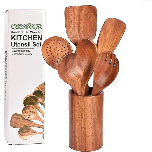 JOYBUY Wooden Utensils For Cooking,wooden Kitchen Utensils Set With Holder,gudamaye 7 Pce Wooden Spoons For Cooking,wooden Cooking Utensils,natural Teak Wood