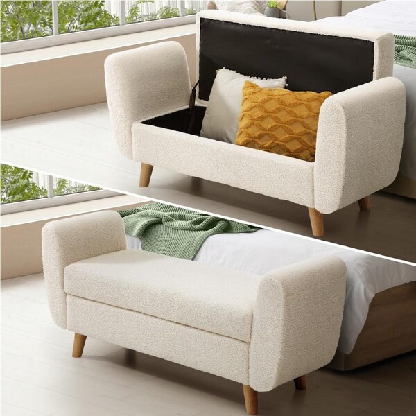 Oikiture Storage Ottoman Blanket Box Linen/Faux Leather Toy Foot Stool L/XL White Sherpa 124 cm