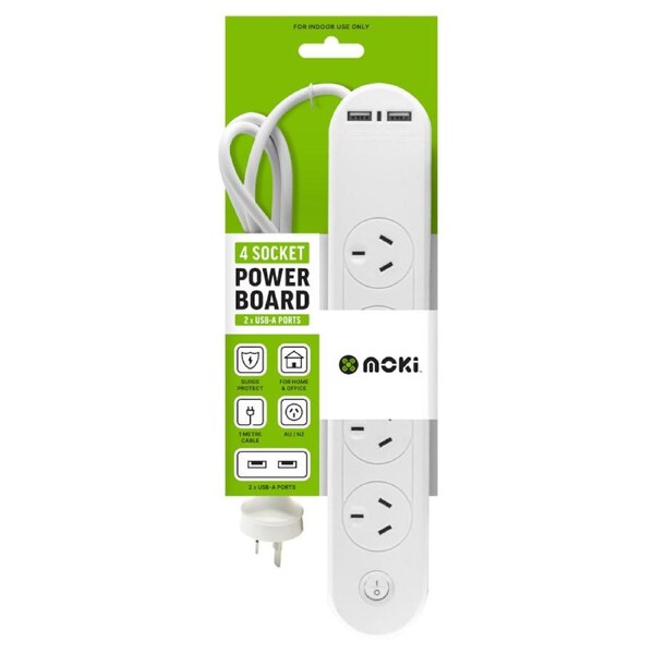 Moki Powerboard - 4 Socket + 2 USB-A Ports