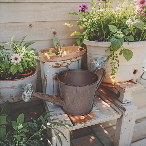 Willow & Silk Watering Can Shape Potplanter with Blue Flower 28x13x15cm