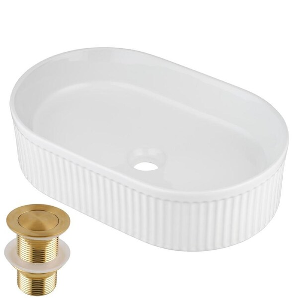 ACA 49x31cm Bathroom Basin Vanity Sink Above Counter Top Mount Oval Bowl With Gold Pop Up Waste Set