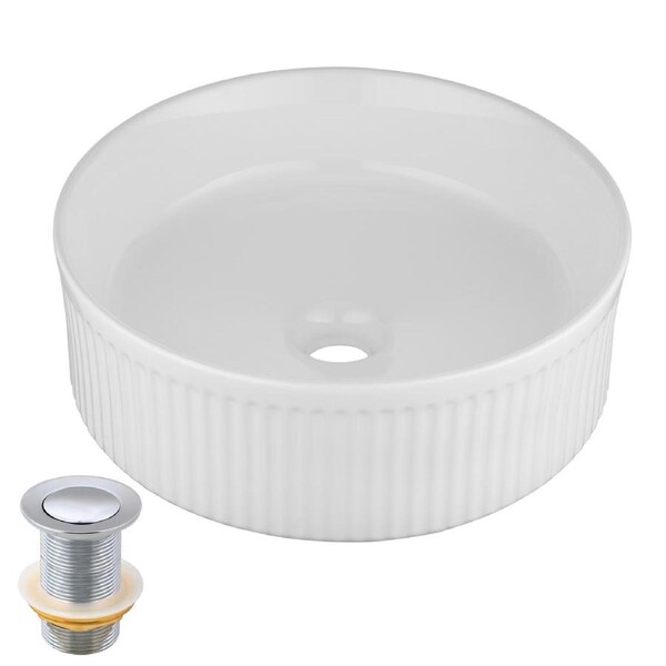 ACA 370mm Bathroom Ceramic Vanity Counter Top Basin Sink Round Hand Wash Bowl With Chrome Pop Up Waste Set
