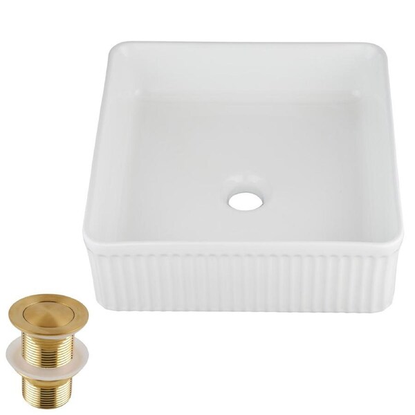 ACA 375mm Bathroom Vanity Ceramic Basin With Gold Pop Up Waste Countertop Wash Square Bowl Gloss White Set