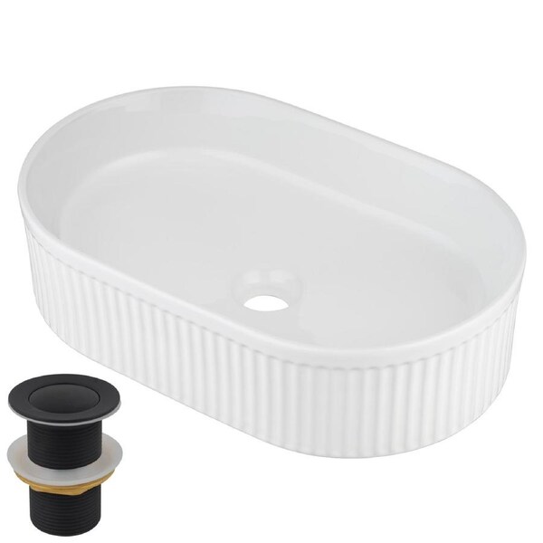 ACA 49x31cm Bathroom Basin Vanity Sink Above Counter Top Mount Oval Bowl With Black Pop Up Waste Set