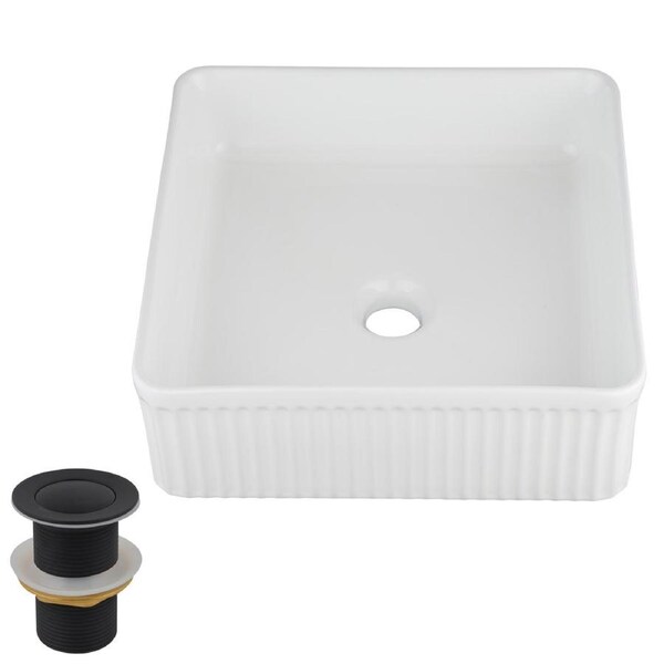 ACA 375mm Bathroom Vanity Ceramic Basin With Black Pop Up Waste Countertop Wash Square Bowl Gloss White Set