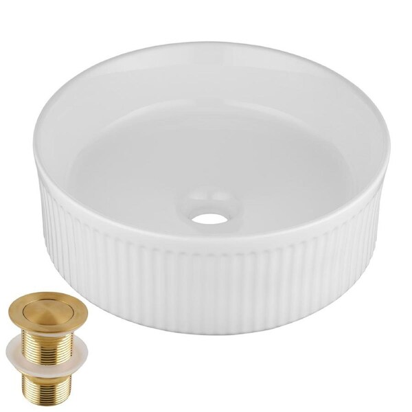 ACA 370mm Bathroom Ceramic Vanity Counter Top Basin Sink Round Hand Wash Bowl With Gold Pop Up Waste Set