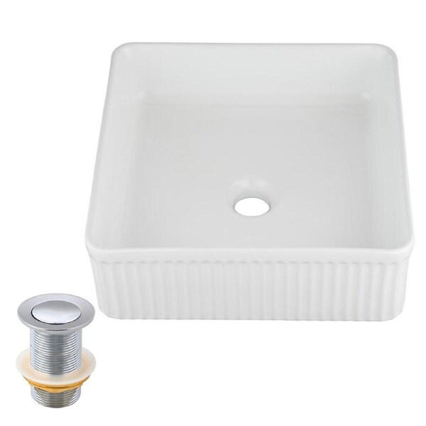 ACA 375mm Bathroom Vanity Ceramic Basin With Chrome Pop Up Waste Countertop Wash Square Bowl Gloss White Set