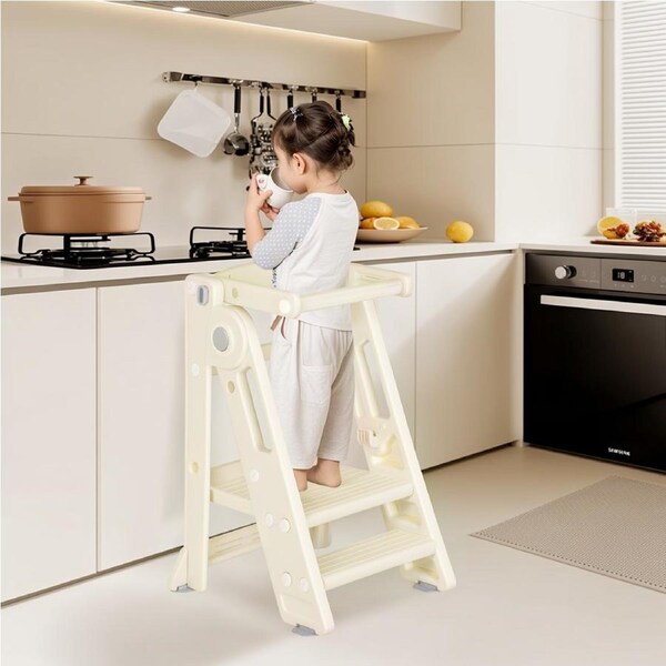 Advwin Foldable Kids Step Stool Adjustable Standing Tower Toddler Kitchen Helper with Safety Rail for Kitchen & Learning