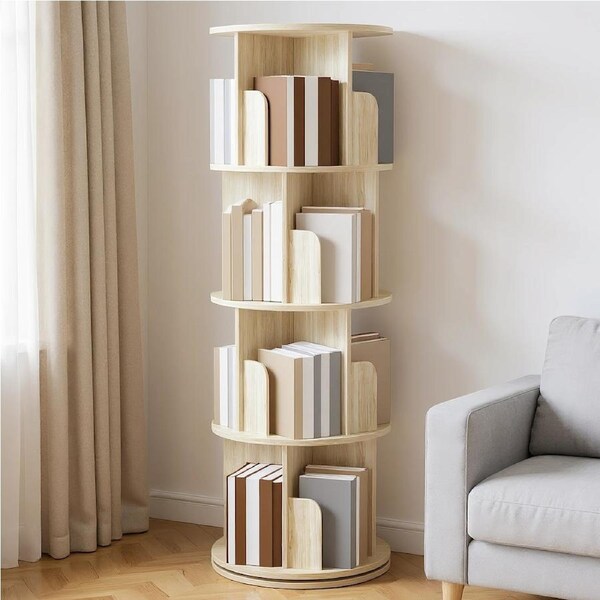 Advwin 4 Tiers Bookshelf Rotating Corner Bookcase Cabinet Revolving Display Stand Rack Oak