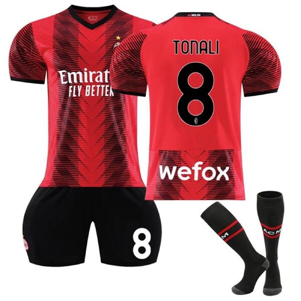 Nevenka AC Milan Home Jersey TONALI #8 Soccer Jersey Kids Adult 3-Pieces Jersey Kits 2XL