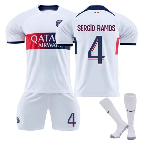 Nevenka Paris Away Jersey SERGIO RAMOS #4 Soccer Jersey Kids Adult 3-Pieces Jersey Kits 2XL