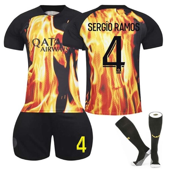 Nevenka Paris Flame Special Edition Jersey SERGIO RAMOS #4 Soccer Jersey Kids Adult 3-Pieces Jersey Kits XL