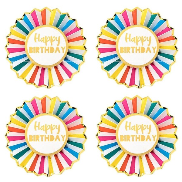 4PK Talking Tables Happy Birthday Badge Rainbow Paper w/ Gold Foil Detail Decor