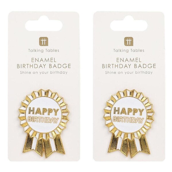 2PK Talking Tables Enamel Badge Happy Birthday Party Decoration 6cm Luxe Gold