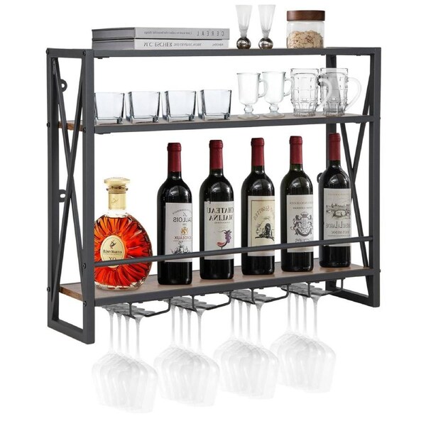 Costway 3 Tier Wall Mounted Wine Rack w/Glass & Bottle Holder Industrial Metal Wine Storage Shelf Cellar Display