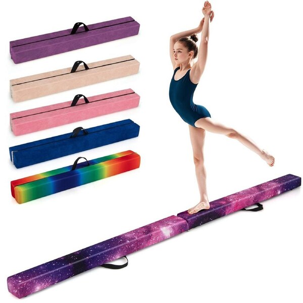 Costway 8FT Folding Gymnastic Beam Floor Balance Beam w/Handle Anti-slip Base Pine Wood Frame Star