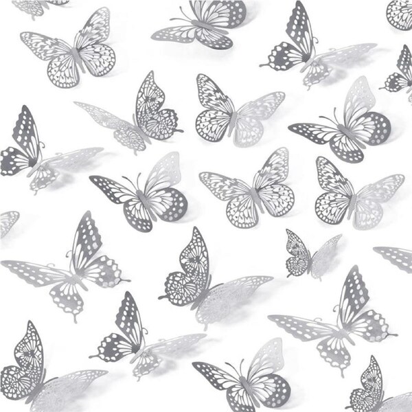 Catzon 48 Pcs 3D Butterfly Wall Decor 4 Styles 3 Sizes for Birthday & Party-Silver