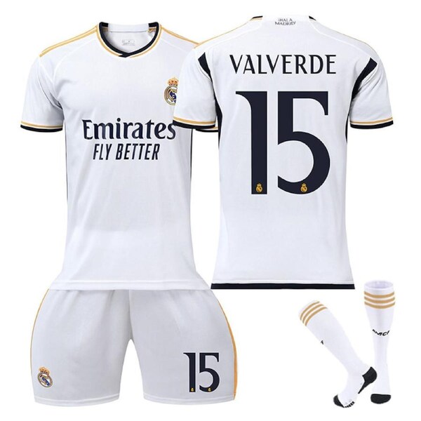 Nevenka Real Madrid Home Jersey VALVERDE #15 Soccer Jersey Kids Adult 3Pcs Jersey Kits 18