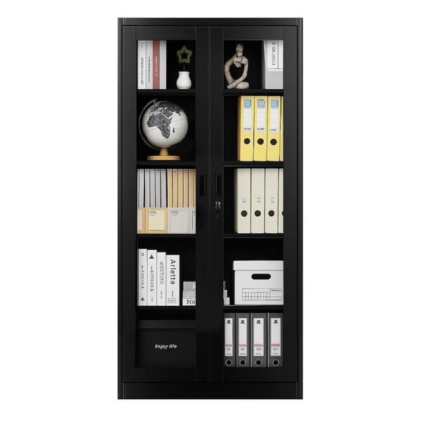 Steel Office Cabinet Filing Storage Shelf Lockable Tempered Glass 2 Door Display Cupboard Garage Rack File Document Folder School Bookcase 185x90x40cm