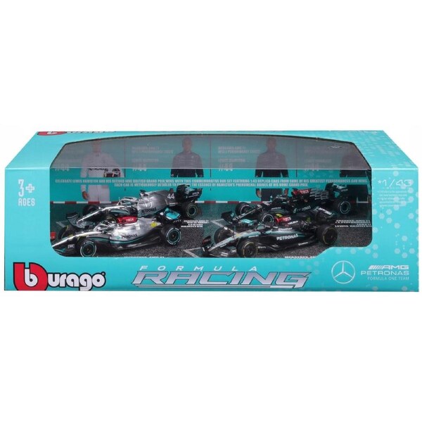Bburago Formula Racing 2019-2024 F-1 Mercedes AMG W10, W12, W13, W15 #44 Lewis Hamilton 1:43 Scale Diecast Vehicle 4 Piece Gift Pack