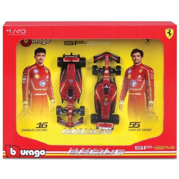 Bburago Formula Racing 2024 F-1 Ferrari SF-24 #16 Leclerc and #55 Sainz 1:43 Scale Diecast Vehicle 2 Piece Gift Pack