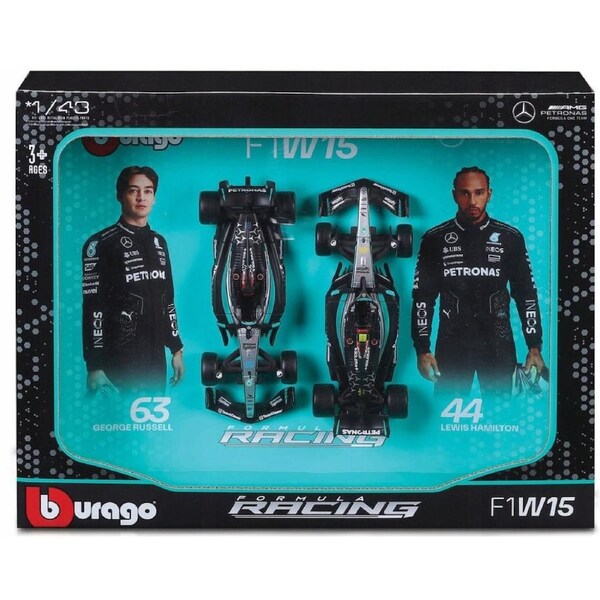 Bburago Formula Racing 2024 F-1 Mercedes AMG W15 #63 Russell and #44 Hamilton 1:43 Scale Diecast Vehicle 2 Piece Gift Pack
