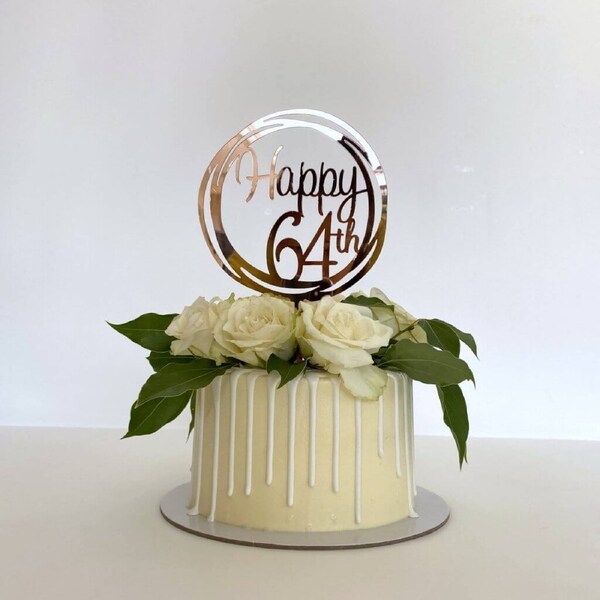 Acrylic Rose Gold Geometric 'Happy 64th' Cake Topper