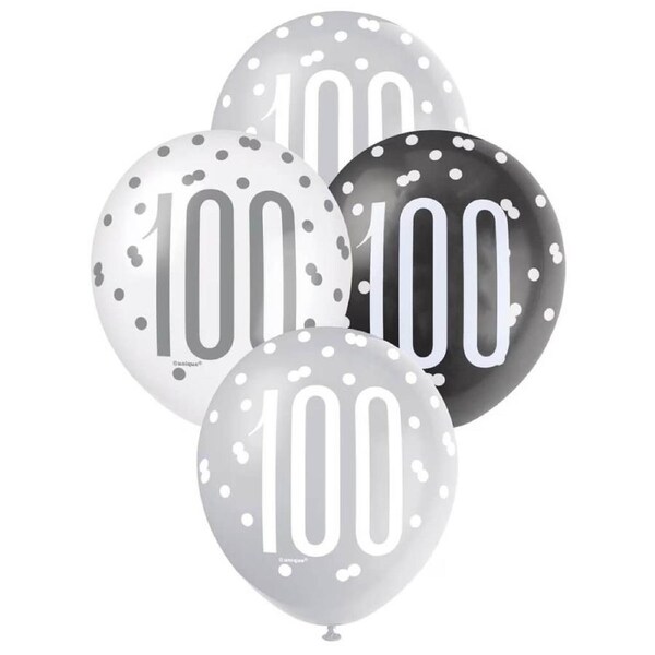 12-inch Black & White Age 100 Latex Balloons 6pk