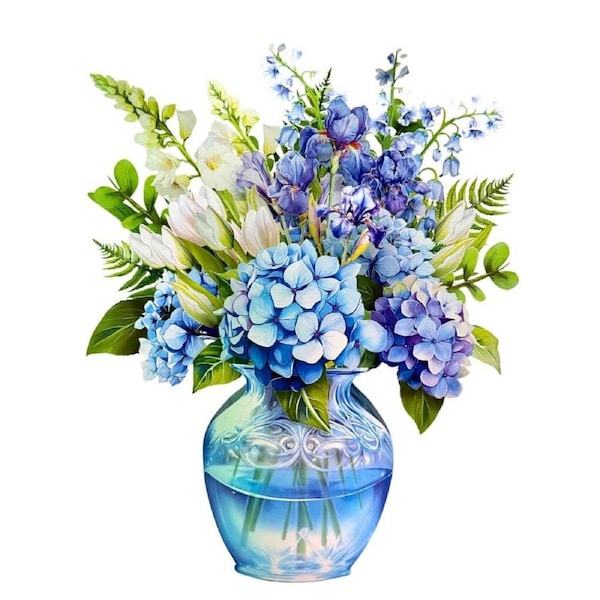 Blue Hydrangea 3D Pop-Up Flower Bouquet in Glass Vase