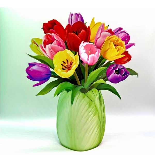 Colourful 3D Pop-Up Tulip Bouquet in Green Vase
