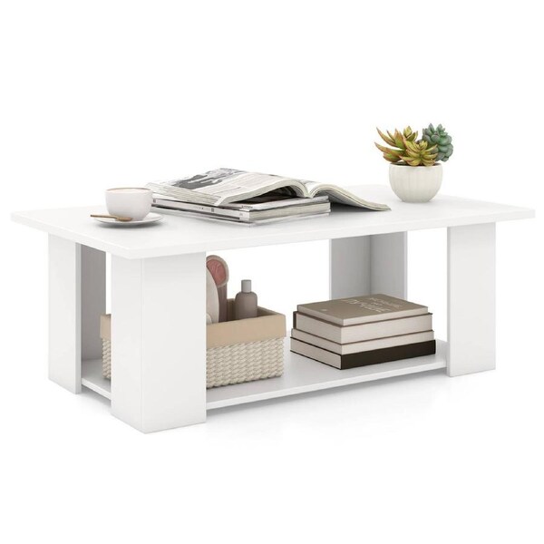 Costway 2-tier Wood Coffee Table w/Storage Shelf Living Room White