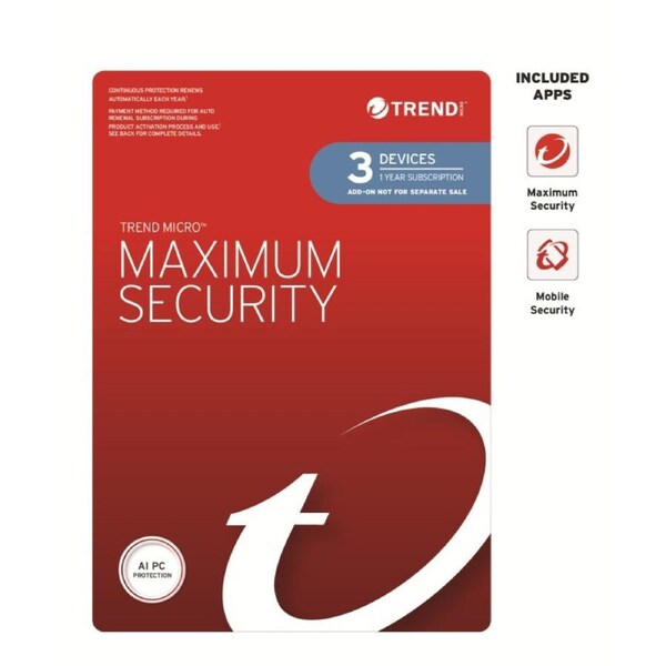 Trend Micro Maximum Security Plus (3 Devices) 1 Year Add-on Auto Renew OEM (Plus = Secure VPN / Cleaner Pro)