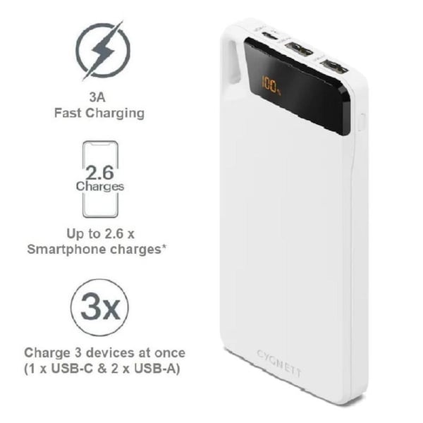 Cygnett ChargeUp Boost 4th Gen 10K mAh Power Bank-White(CY4748PBCHE)Triple Port(Dual USB-A 15W+1xUSB-C 15W),15cm USB-C Cable,15W Max,2 Years Warranty