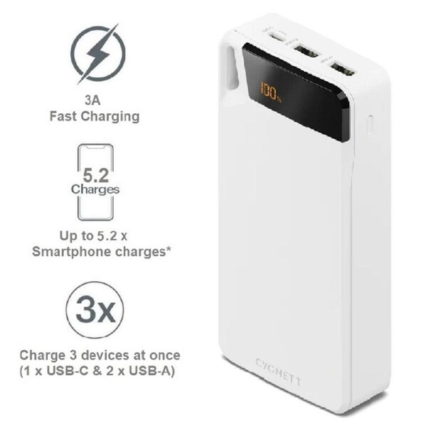 Cygnett ChargeUp Boost 4th Gen 20K mAh Power Bank- White(CY4752PBCHE)Triple Port(Dual USB-A 15W+1xUSB-C 15W),15cm USB-C Cable,15W Max,2 Years Warranty