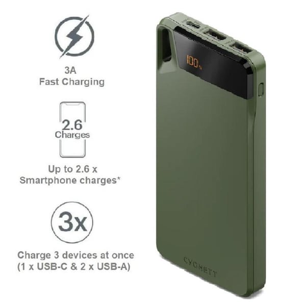 Cygnett ChargeUp Boost 4th Gen 10K mAh Power Bank-Green(CY4746PBCHE)Triple Port(Dual USB-A 15W+1xUSB-C 15W),15cm USB-C Cable,15W Max,2 Years Warranty