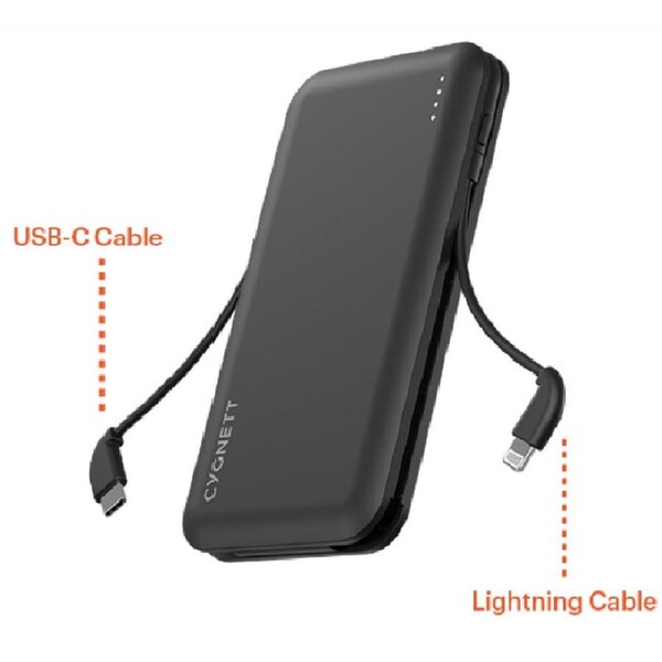 Cygnett ChargeUp Pocket 10K mAh Power Bank with Integrated Lightning (MFi) (10.5W) & USB-C (15W) Cable - Black (CY4406PBCHE),2 Years Warranty