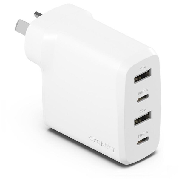 Cygnett PowerPlus 45W Multi Port Fast Wall Charger - White((CY4769PDWCH), 2xUSB-C PPS (45W),2xUSB-A (20W),Compact,Lightweight,2 Years Warranty