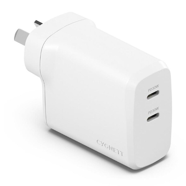 Cygnett PowerPlus 60W (30W x2) Dual Port USB-C PD Fast Wall Charger-White(CY4740PDWCH),Best for iPhone,Samsung's PPS & USB-C Devices,2 Years Warranty
