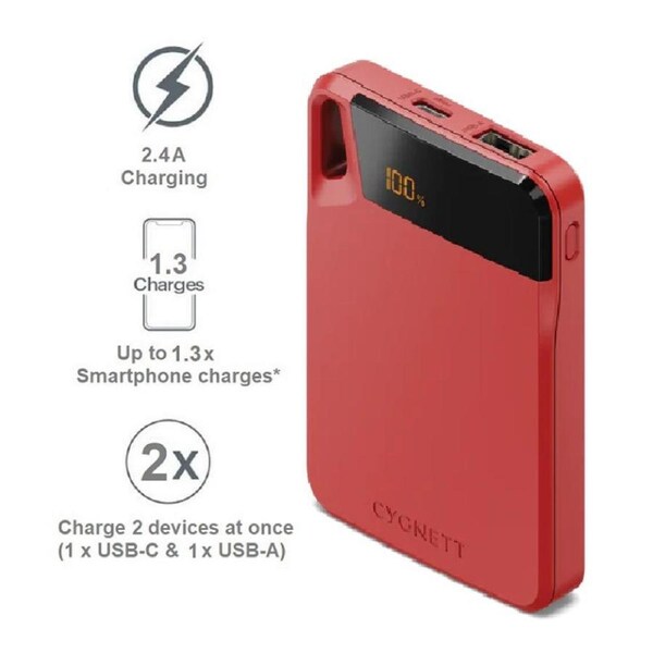 Cygnett ChargeUp Boost 4th Gen 5K mAh Power Bank - Red(CY4745PBCHE),Dual Port(USB-C 12W+ USB-A 12W),15cm USB-C Cable,Digital Display,2 Years Warrr