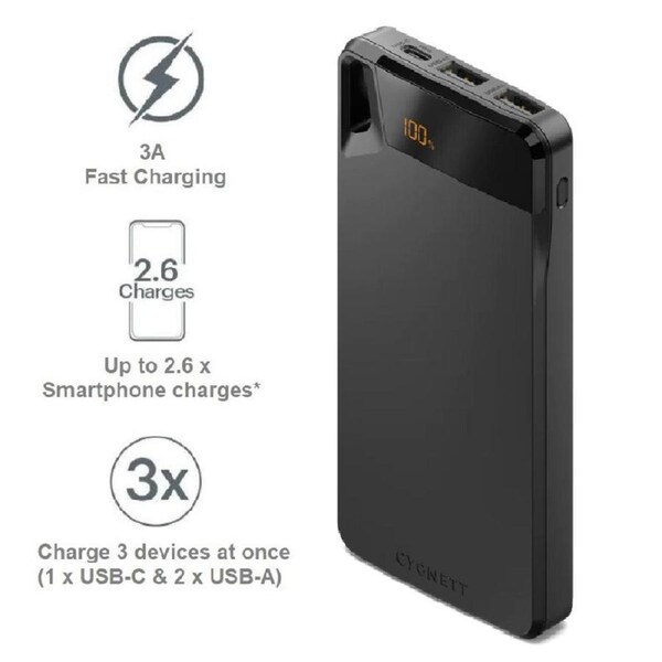 Cygnett ChargeUp Boost 4th Gen 10K mAh Power Bank-Black(CY4747PBCHE)Triple Port(Dual USB-A 15W+1xUSB-C 15W),15cm USB-C Cable,15W Max,2 Years Warranty