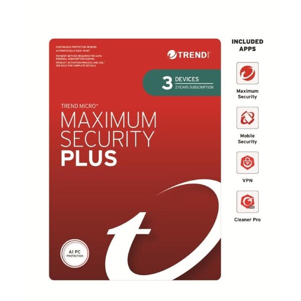 Trend Micro Maximum Security Plus (3 Devices) 1 Year Retail Mini Box Auto Renew (Plus = Secure VPN / Cleaner Pro)