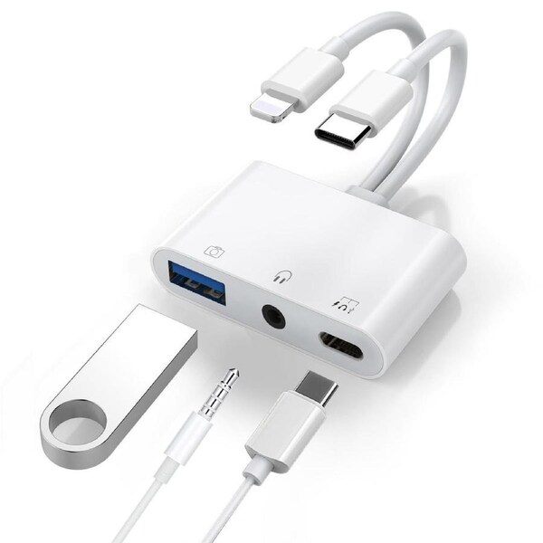 Generic Lightning/USB-C to USB Adapter features a USB OTG Port, 3.5mm Headphone Jack & Fast-charging Port