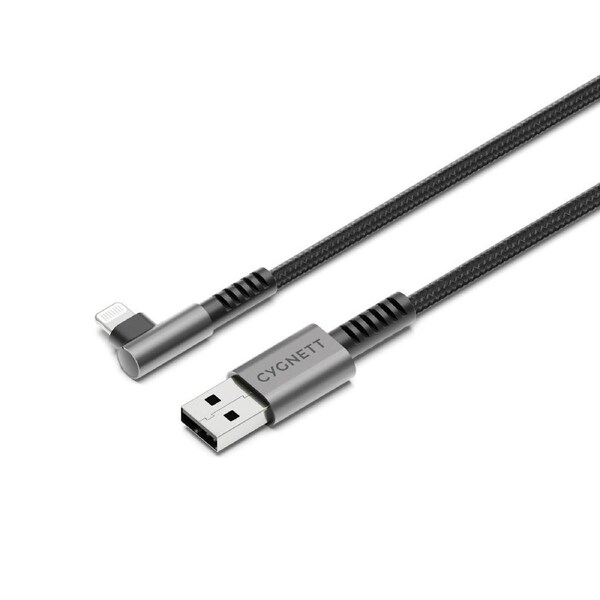 Cygnett Unite Right-Angle Lightning to USB-A Cable(2.0)(1M)- Black (CY5108PCCSL),240W,Double Braided,10Gbps Transfer, Fast Charge,MFi,2 Years Warranty